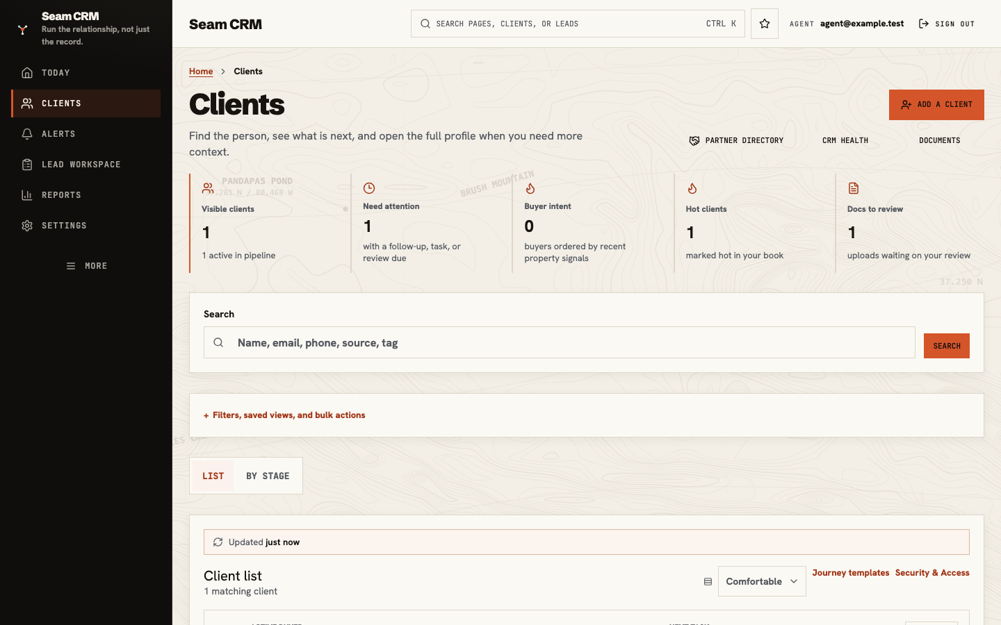 Clients page showing search, attention counts, an invite control, and the client list