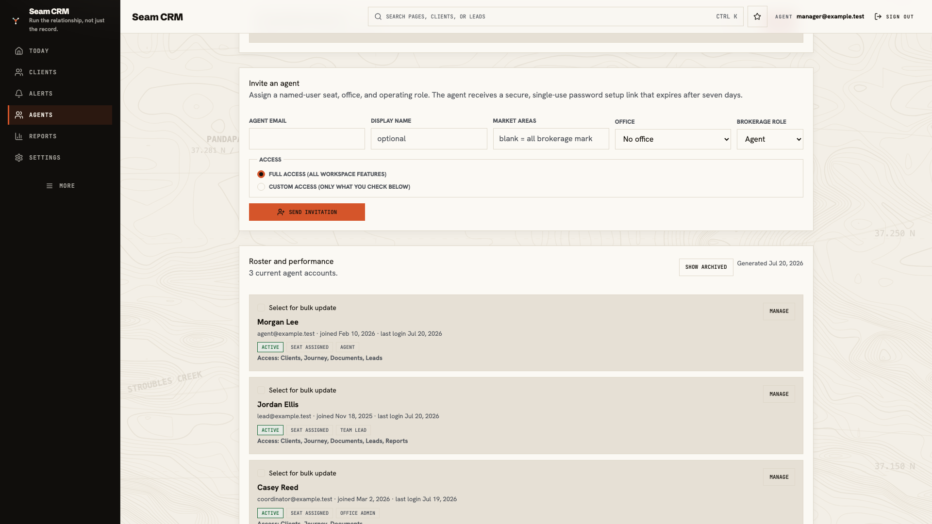 Invite an agent form showing work email, display name, market, office, brokerage role, and access choices
