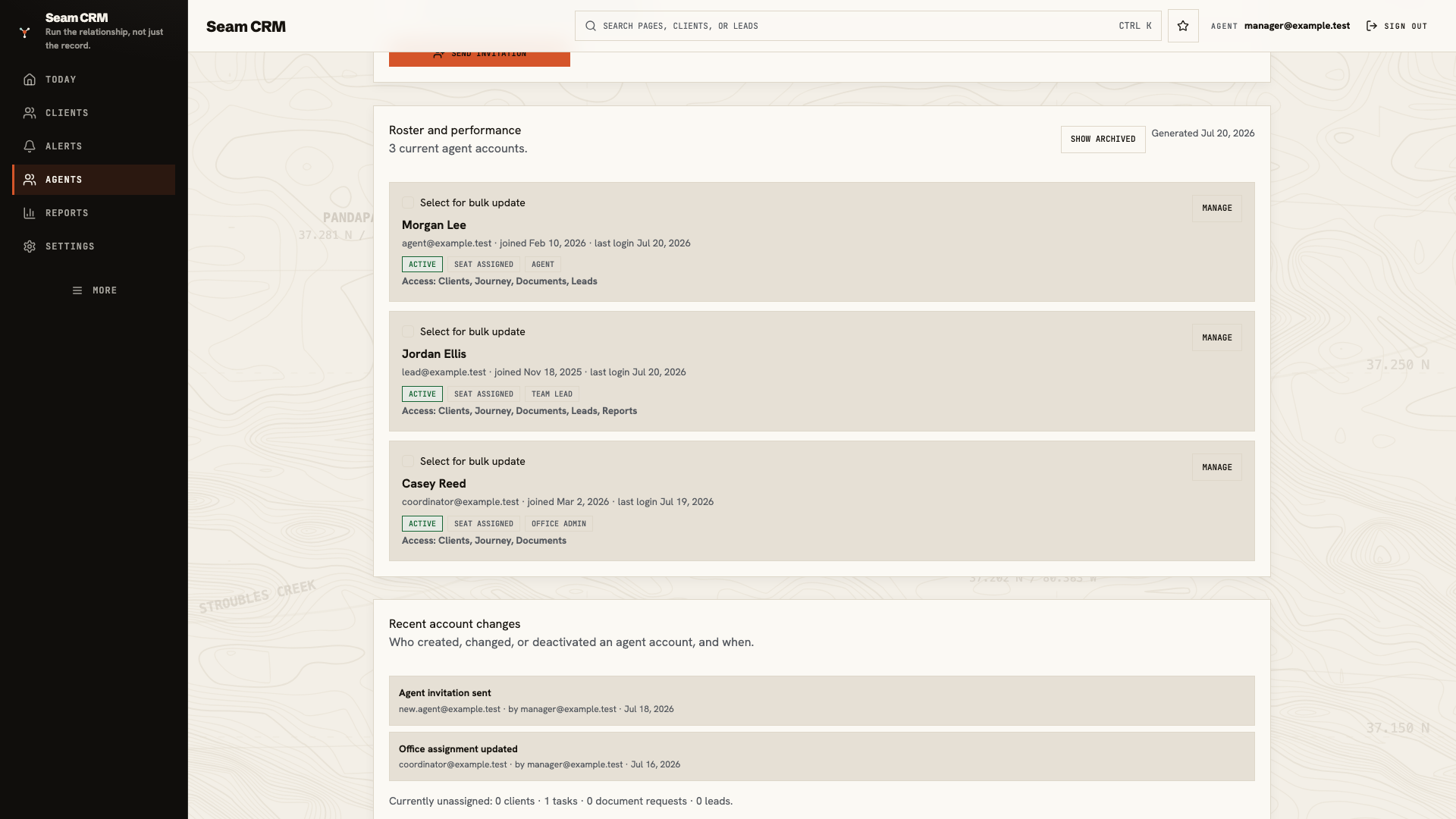 Brokerage roster profile showing office, brokerage role, custom feature access, market areas, and save controls