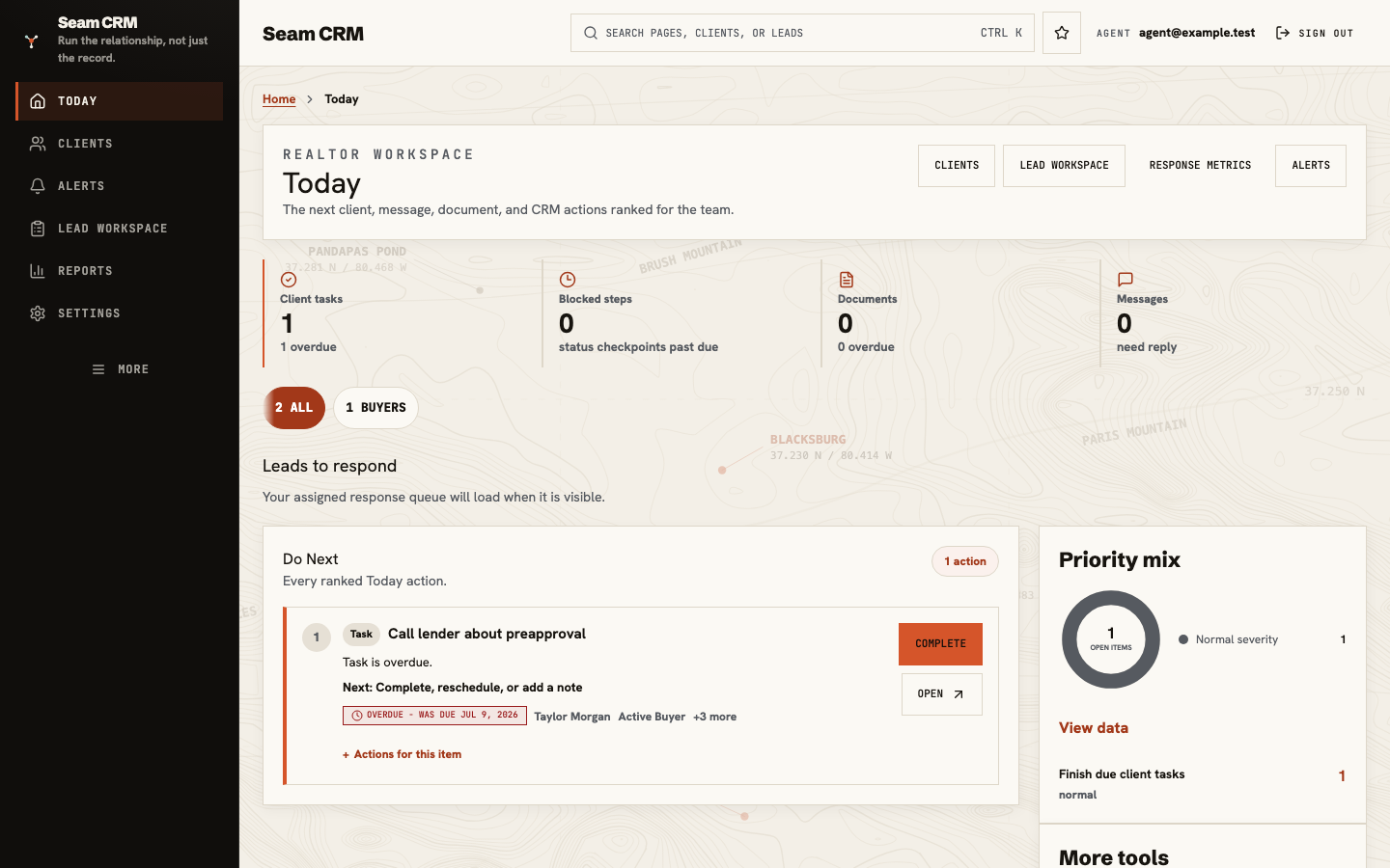 Seam CRM Today workspace showing the next client action and team work queue