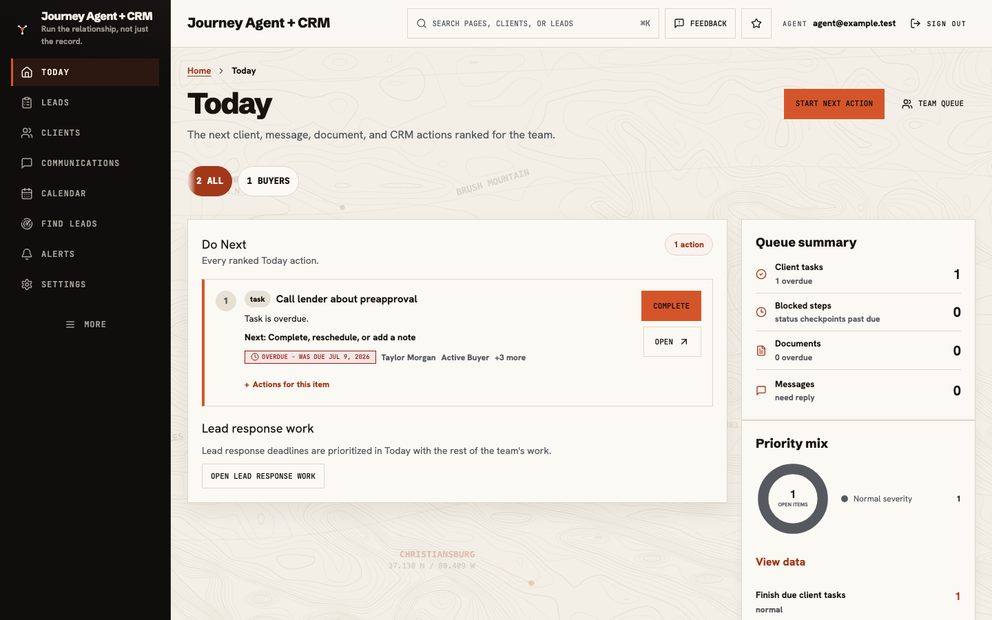 Journey Agent + CRM Today workspace, cropped to the Do Next card: an overdue task, call lender about preapproval, with the next step and the client attached