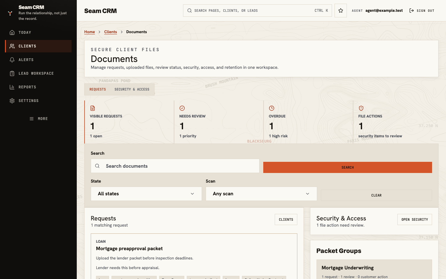 Document Vault showing visible requests, files needing review, overdue work, and file security review
