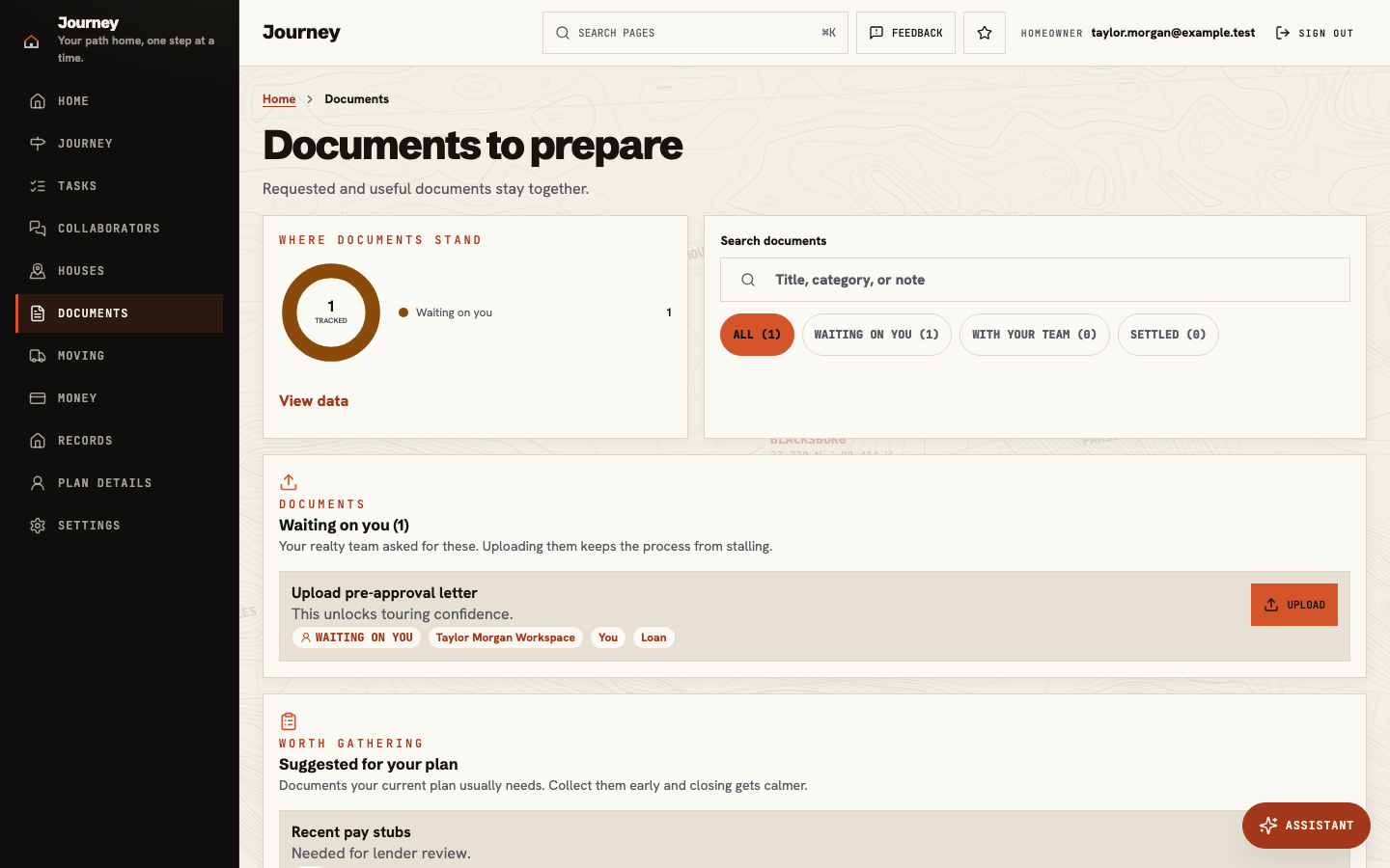 Journey Documents showing one pre-approval request waiting on the client and its Upload action