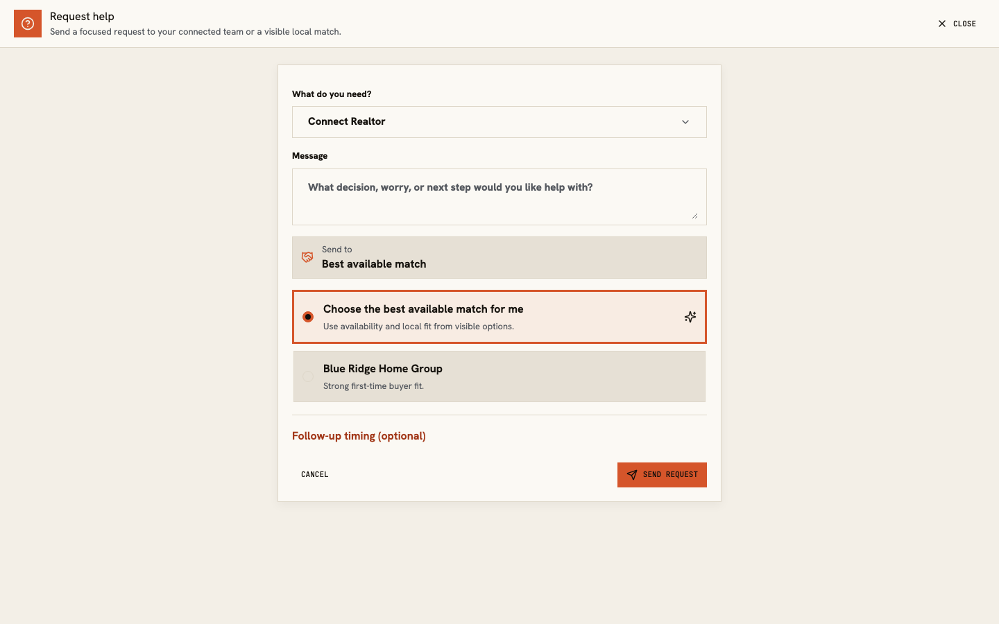Request help setup showing the request type and the client's preferred follow-up time