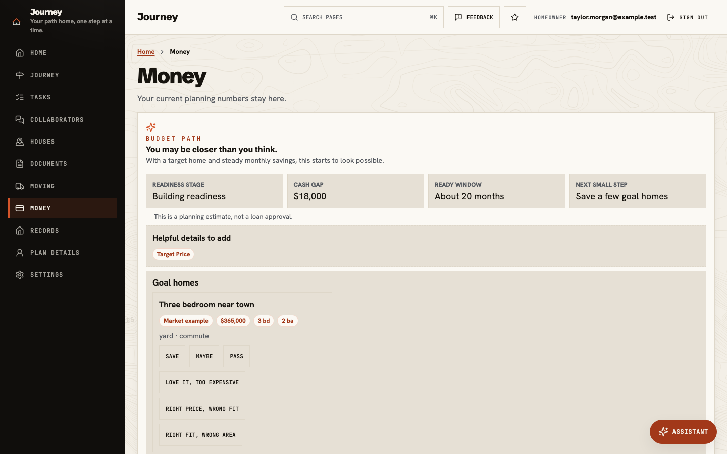 Money and readiness showing the planning stage, a stated cash gap, estimated window, and a saved goal home