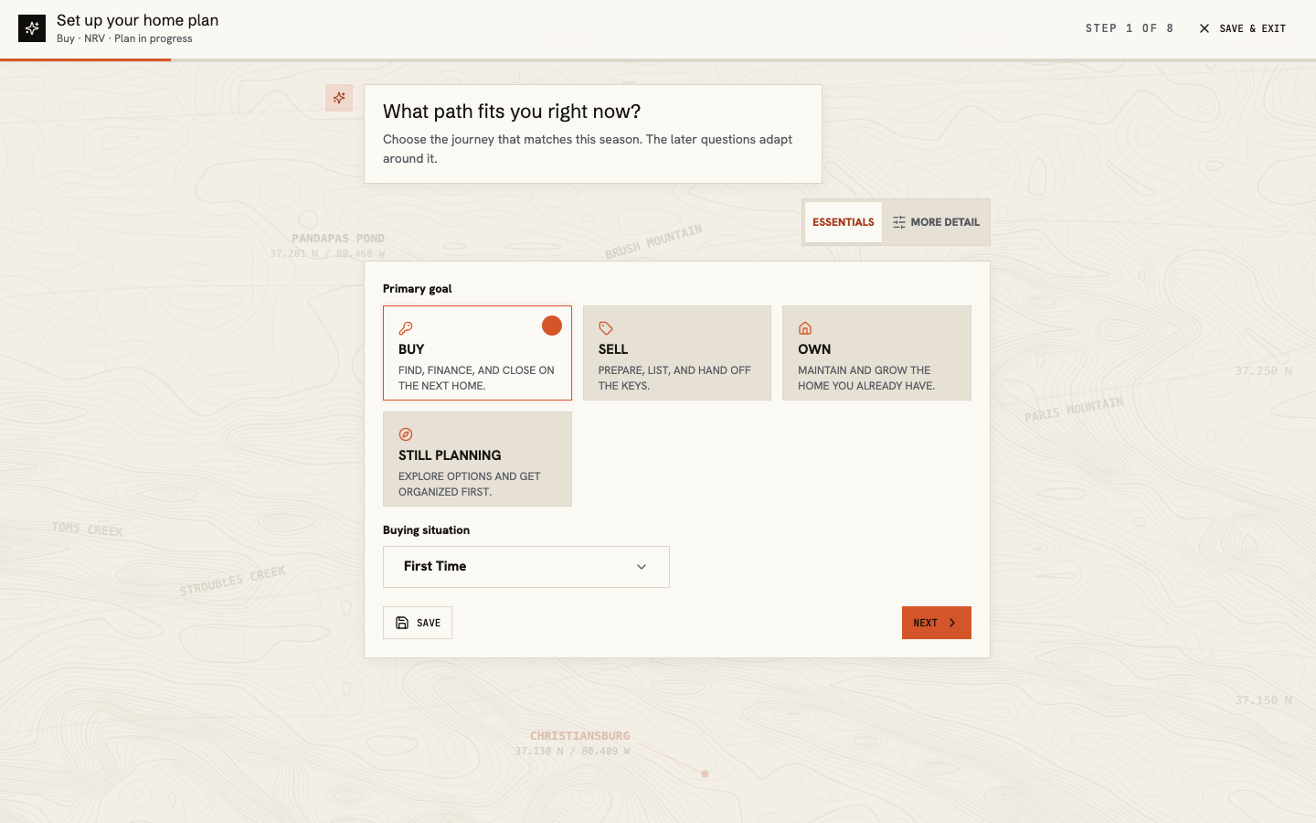Journey setup asking whether the client is buying, selling, owning, or still planning