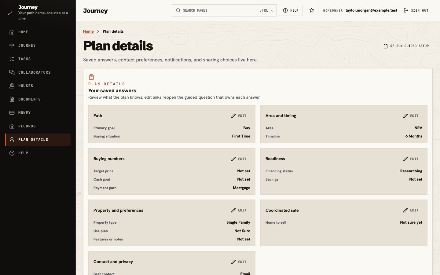 Plan details showing saved path, area, timing, readiness, and a private home maintenance reminder