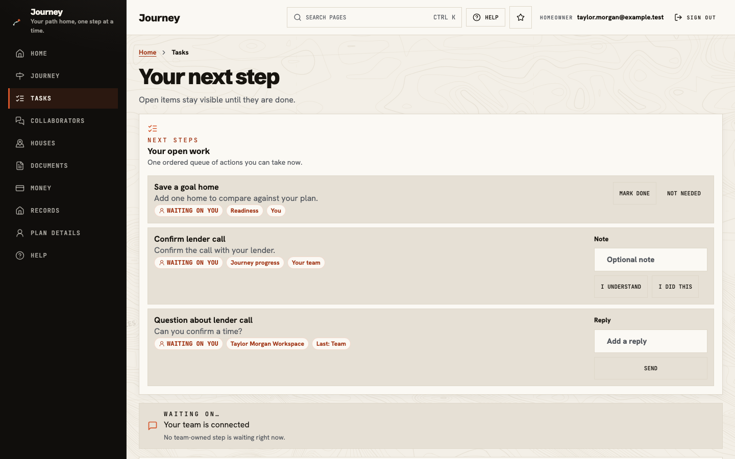 Journey Tasks showing items waiting on the client, a team question, and clear completion actions