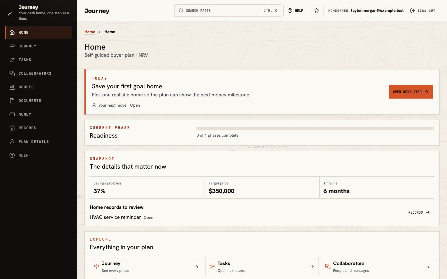 Journey homeowner plan showing the current next step and buying timeline