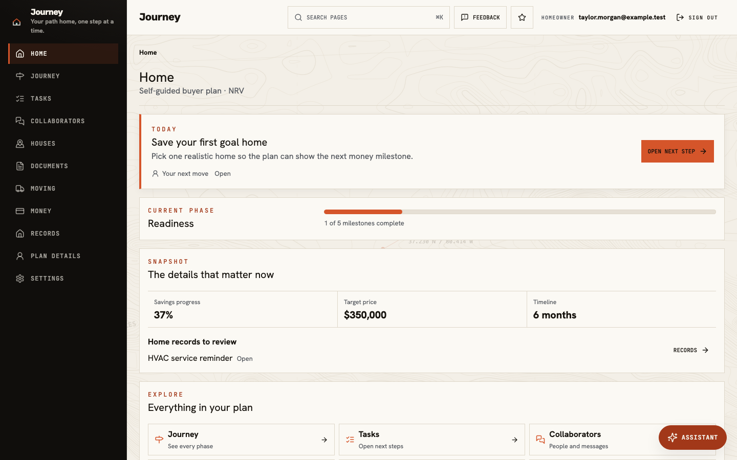 Journey homeowner plan showing the current next step and buying timeline, with the Assistant button at the lower right