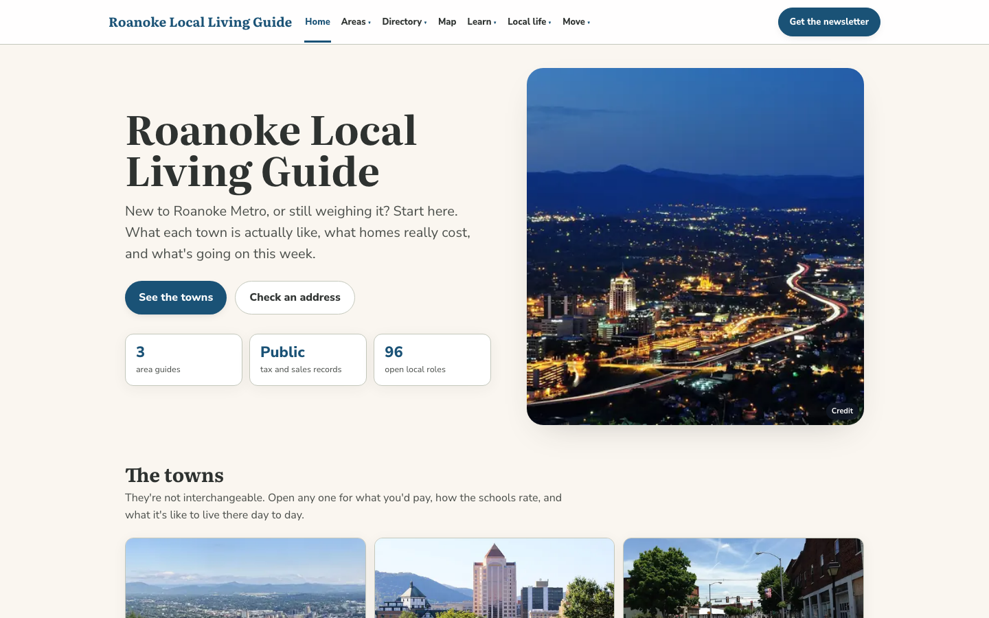 The home page of the Roanoke Local Living Guide as captured on 2026-10-15: the headline, buttons to see the towns or check an address, three summary figures, a night photograph of the Roanoke valley, and the start of the list of towns.
