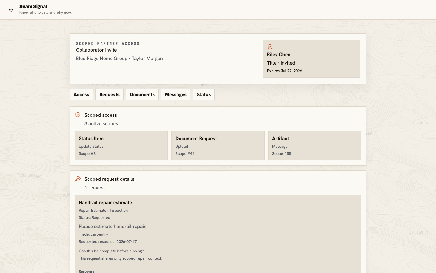 Partner invitation showing the client, invited person, role, expiration, and limited access summary