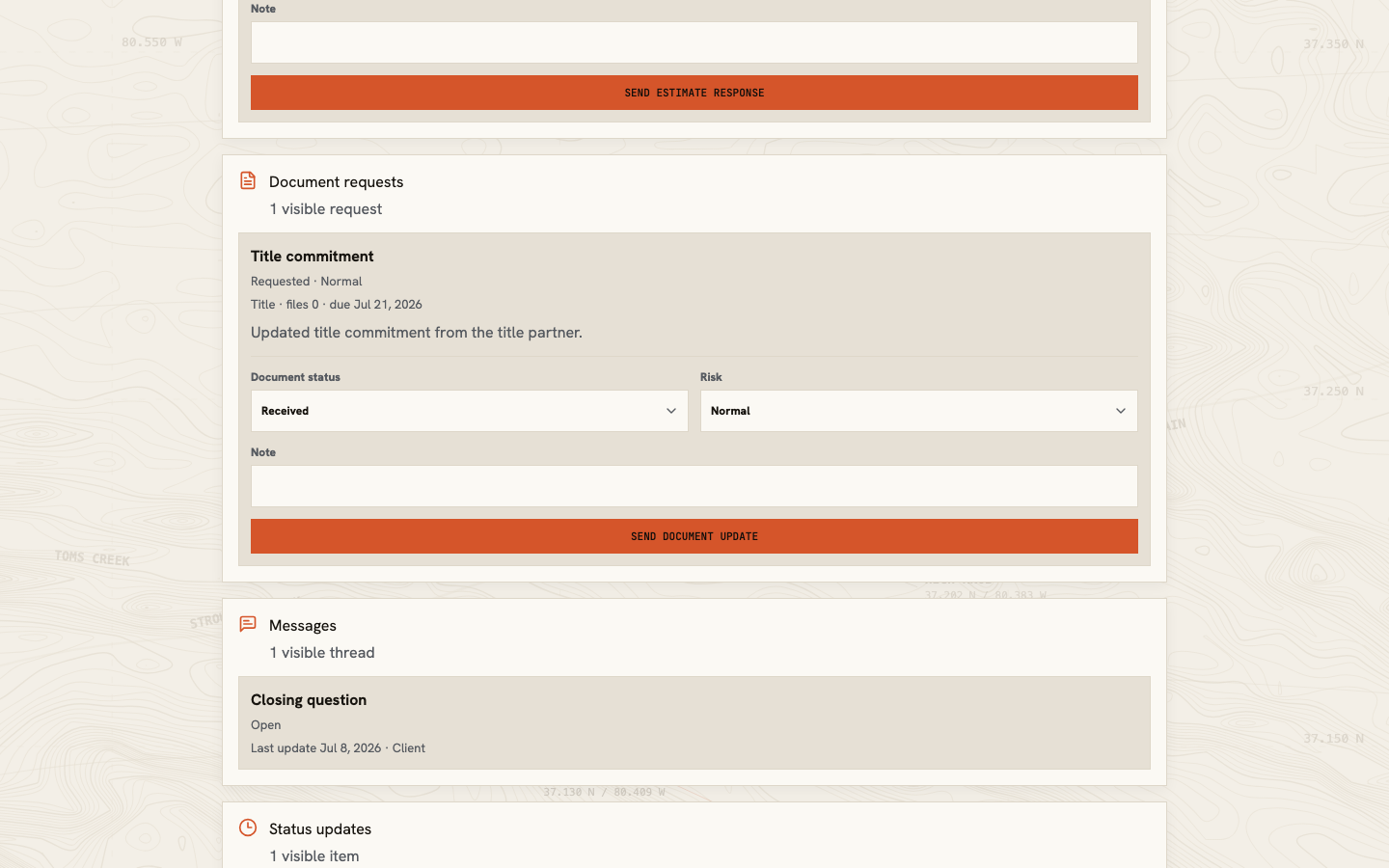 Partner document request showing the requested title file, current state, risk choice, and note field