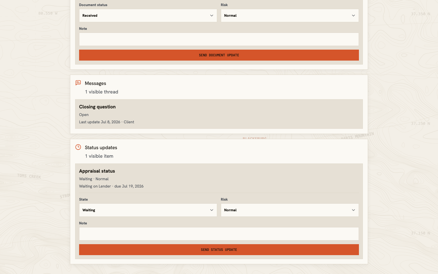 Partner status area showing a visible message thread and a status item with state, risk, and note controls