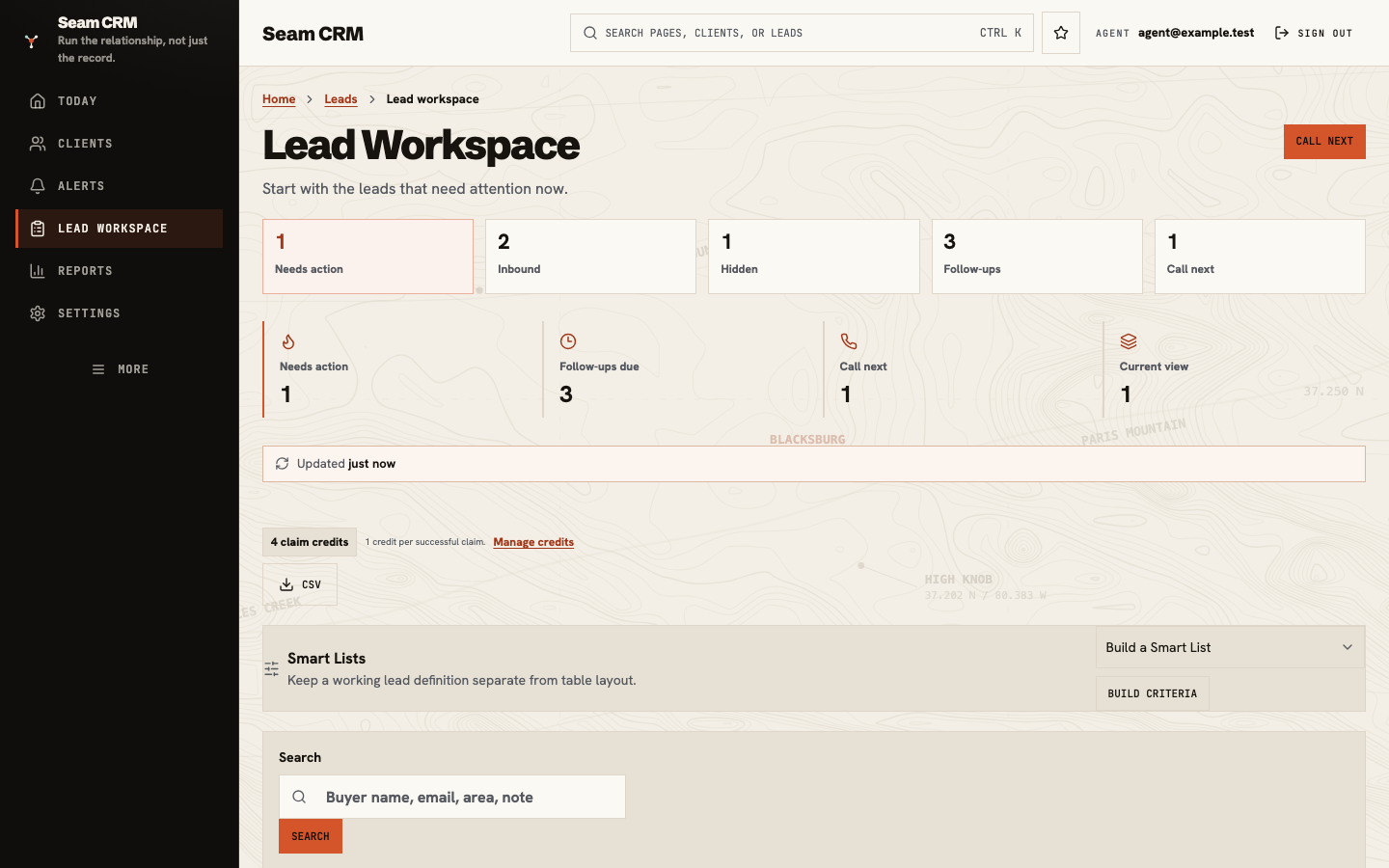 Lead Inbox showing new leads, follow-ups, claimed work, hot buyers, and search