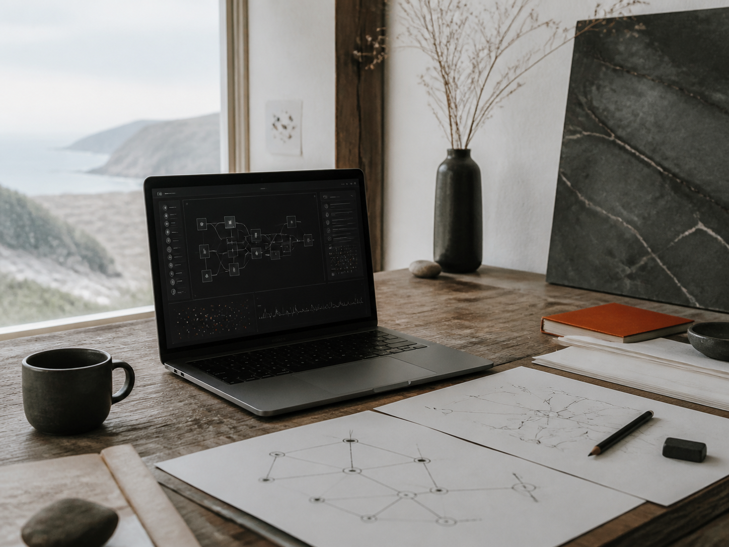 A laptop and hand-drawn workflow map on a warm worktable